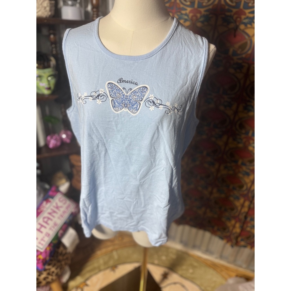 America‎ Butterfly Sleeveless Top Womens XL Blue USA Patriotic